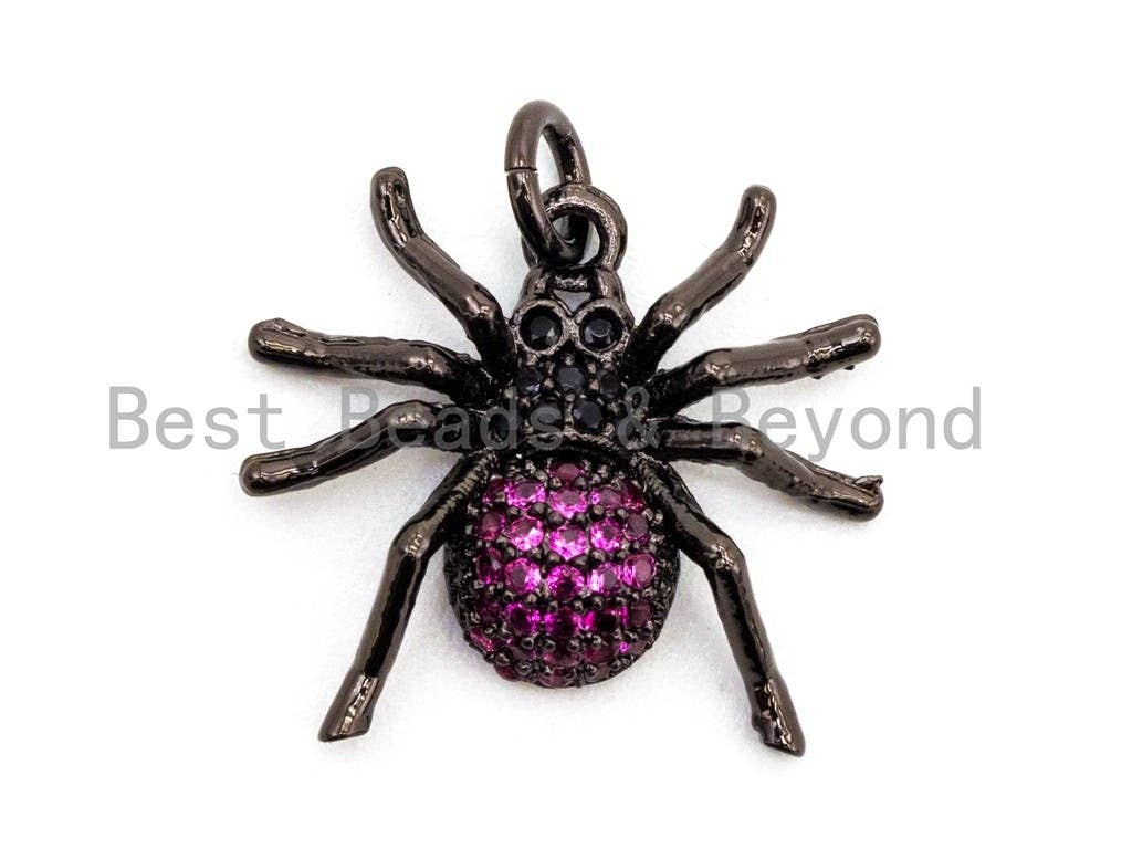 CZ Micro Pave Fuchsia SPIDER Charm Pendant, Cubic Zirconia Inspired Insect Pendant,Gold/Rose Gold/Silver/Black,17x19x5mm,SKU#F448