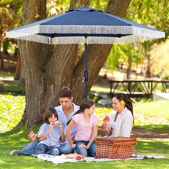 Ainfox 7.5ft Boho Patio Umbrella with Fringe, Outdoor Tassel Umbrella, Waterproof Sun Protection Umbrella
