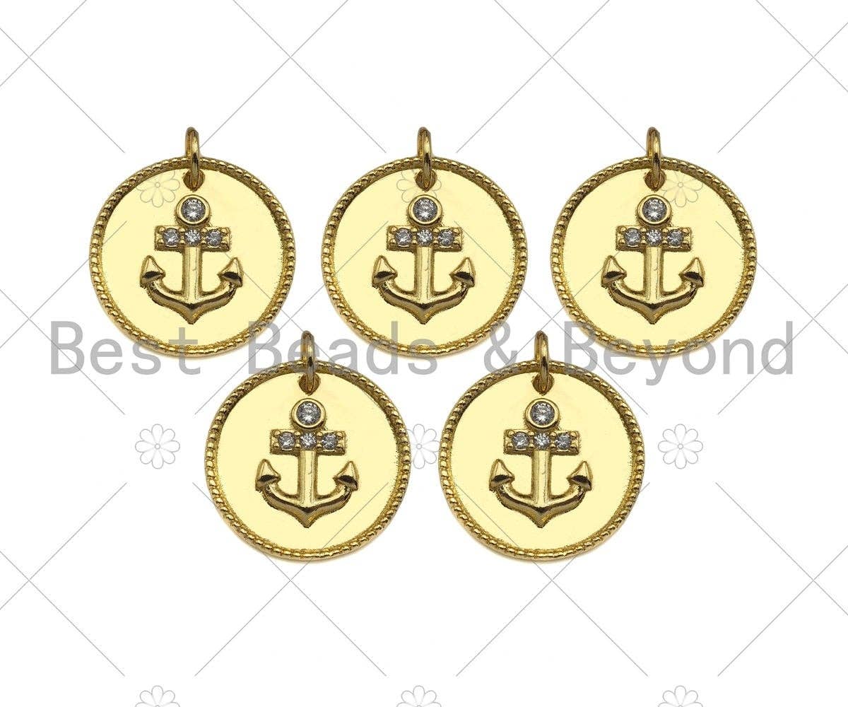 Gold Filled CZ Micro Pave Boat Anchor On Round Coin Shape Pendant, 18K Gold Filled Medallion  Charm, Necklace Bracelet Charm,16mm,Sku#LK340