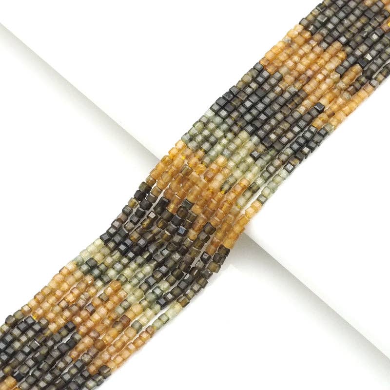 Genuine Yellow Green Black Tourmaline Faceted Cube Beads, 2.5mm, Sku#U1546