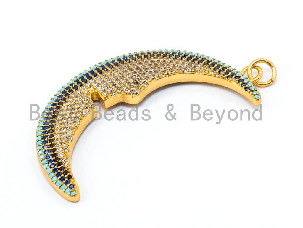 CZ Turquoise Black Clear Micro Pave Crescent Moon Face Pendant, 14x59mm, sku#L26