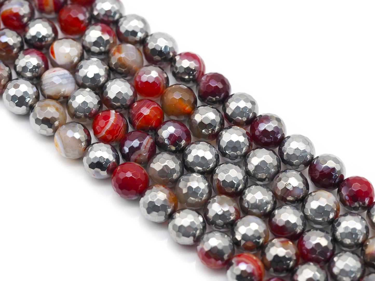 Half Silver Plated Natural Red Banded Agate Roudn Faceted Beads, Sku#UA252