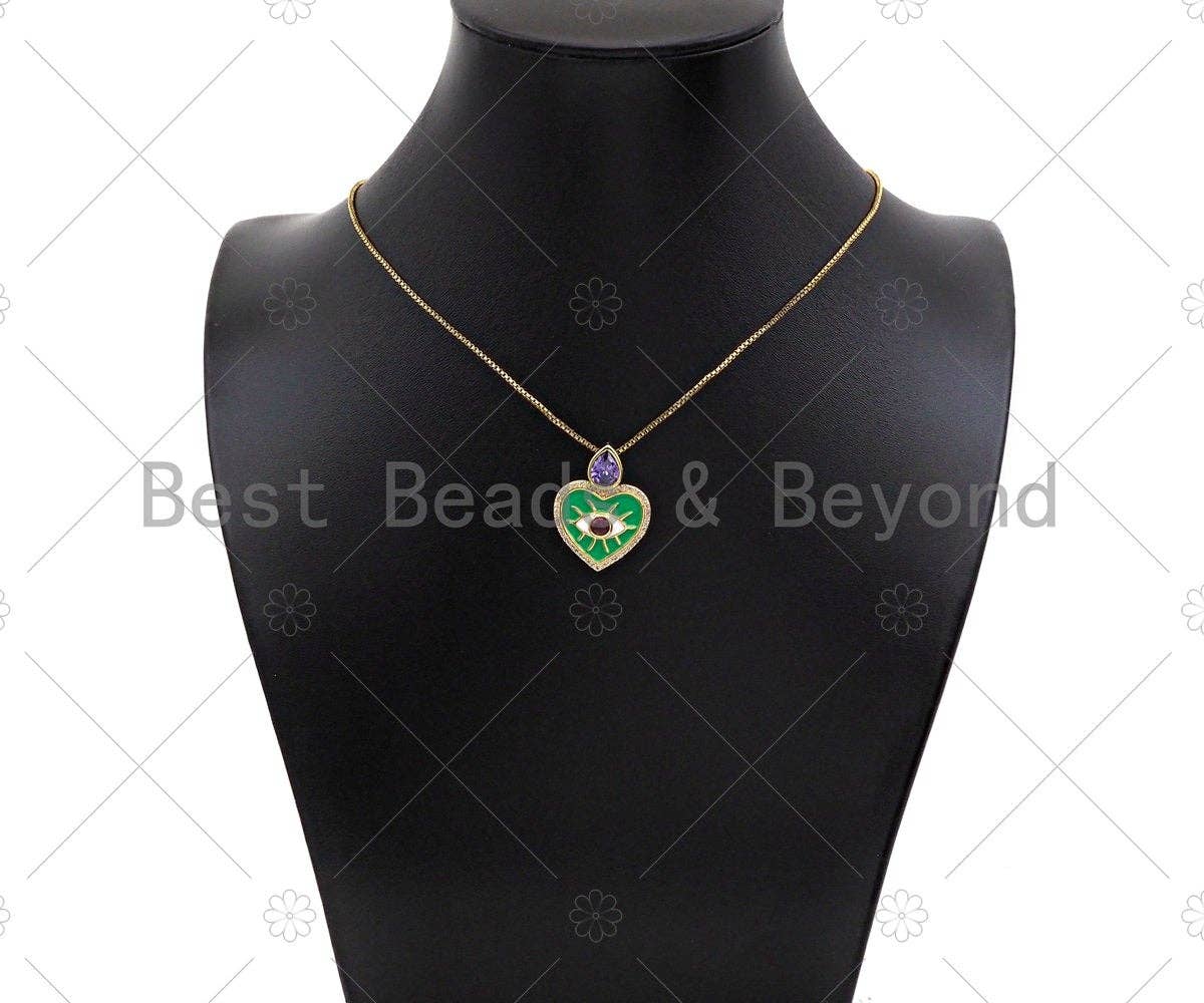 Fuchsia CZ Evil Eye On Green/Black Enamel Heart Pendant, 18K Gold Filled CZ MicroPave Charm, Necklace Bracelet Charm, 20x27mm,Sku#Z1264