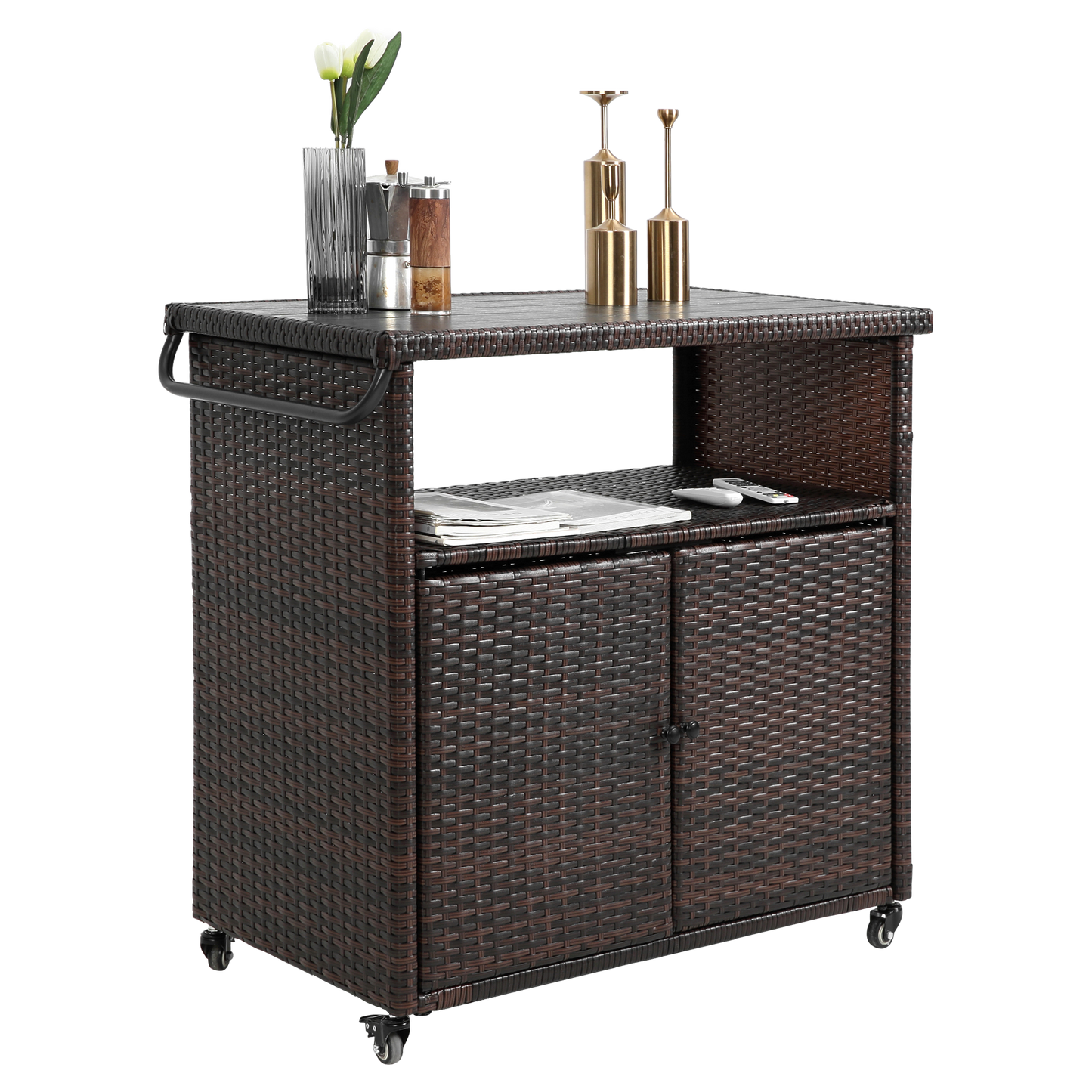 Outdoor Wicker Bar Cart, Patio Wine Serving Cart