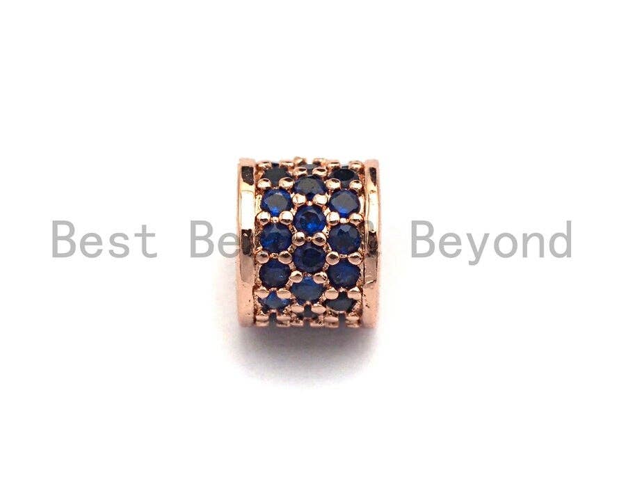 CZ Big Hole Drum Barrel Cobalt Micro Pave Beads, Gold/Rose Gold/Silver/Black Cubic Zirconia Spacer Beads, DIY Jewelry, 6x7mm, sku#X45