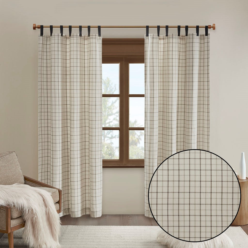 Plaid Faux Leather Tab Top Curtain Panel with Fleece Lining