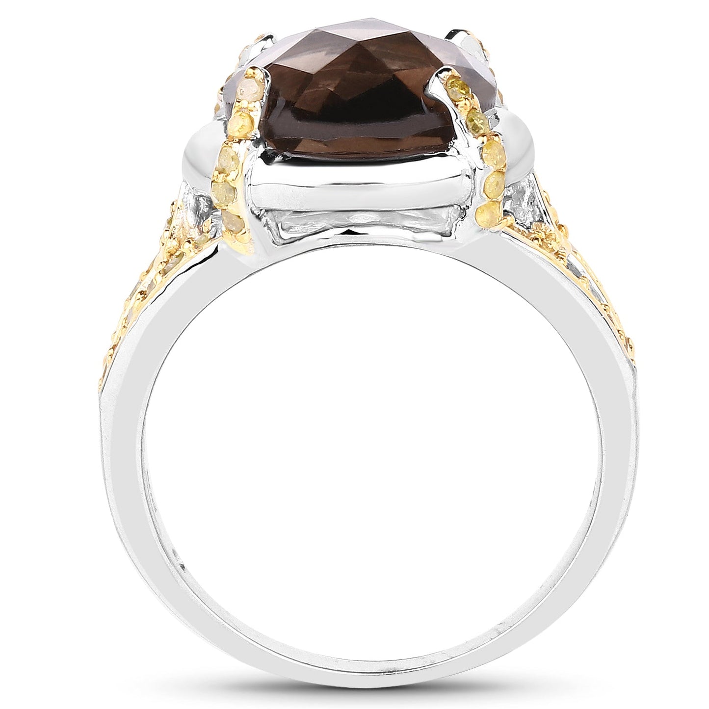 3.28 Carat Genuine Smoky Quartz and Yellow Diamond .925 Sterling Silver Ring