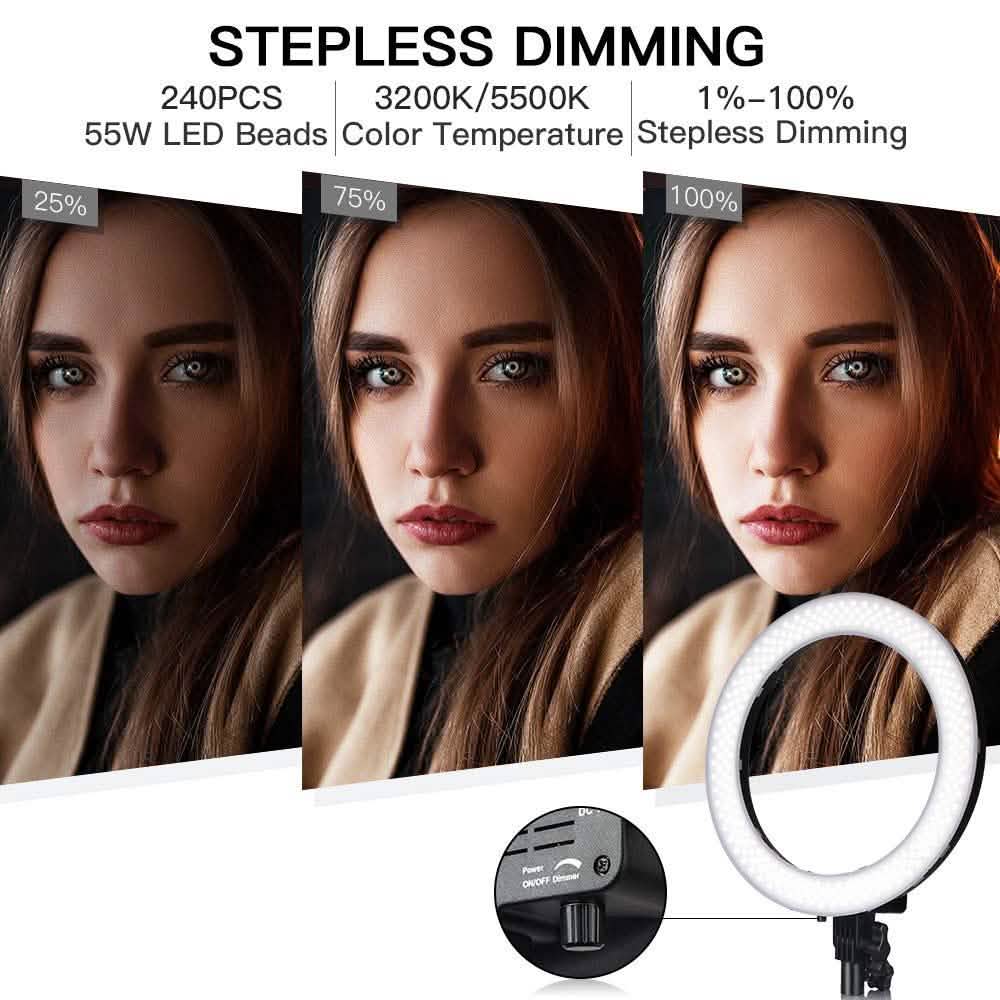 Anneau lumineux LED 18" 55W 3200K-5600K Dimmable pour Selfie