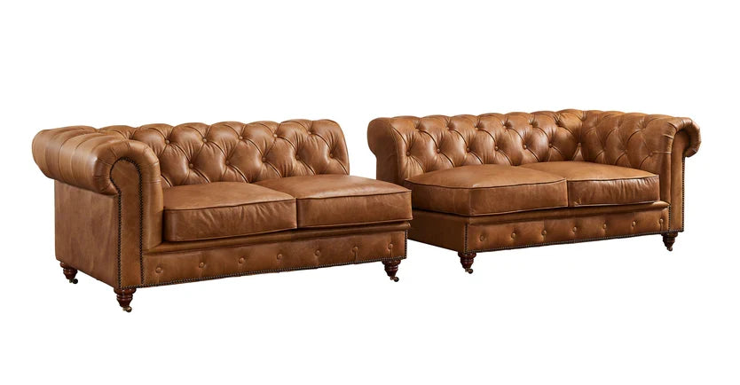 Preorder  Century Chesterfield Sofa - Light Brown Leather - 118"