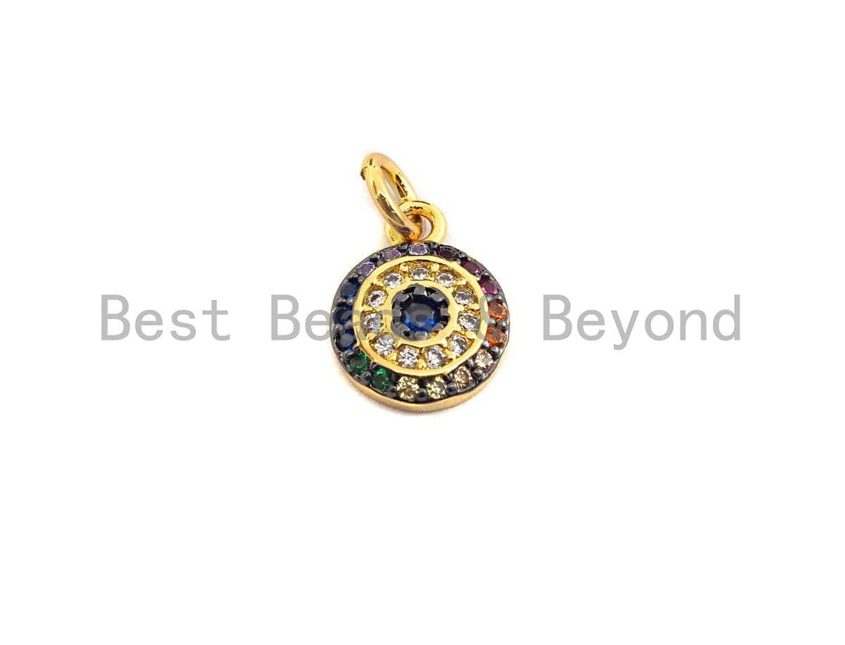 Colorful CZ Micro Pave Evil Eye on Disc Pendant/Charm,Round Evil Eye CZ Pendant, 24K Gold Tone,9x12mm,Sku#Z525
