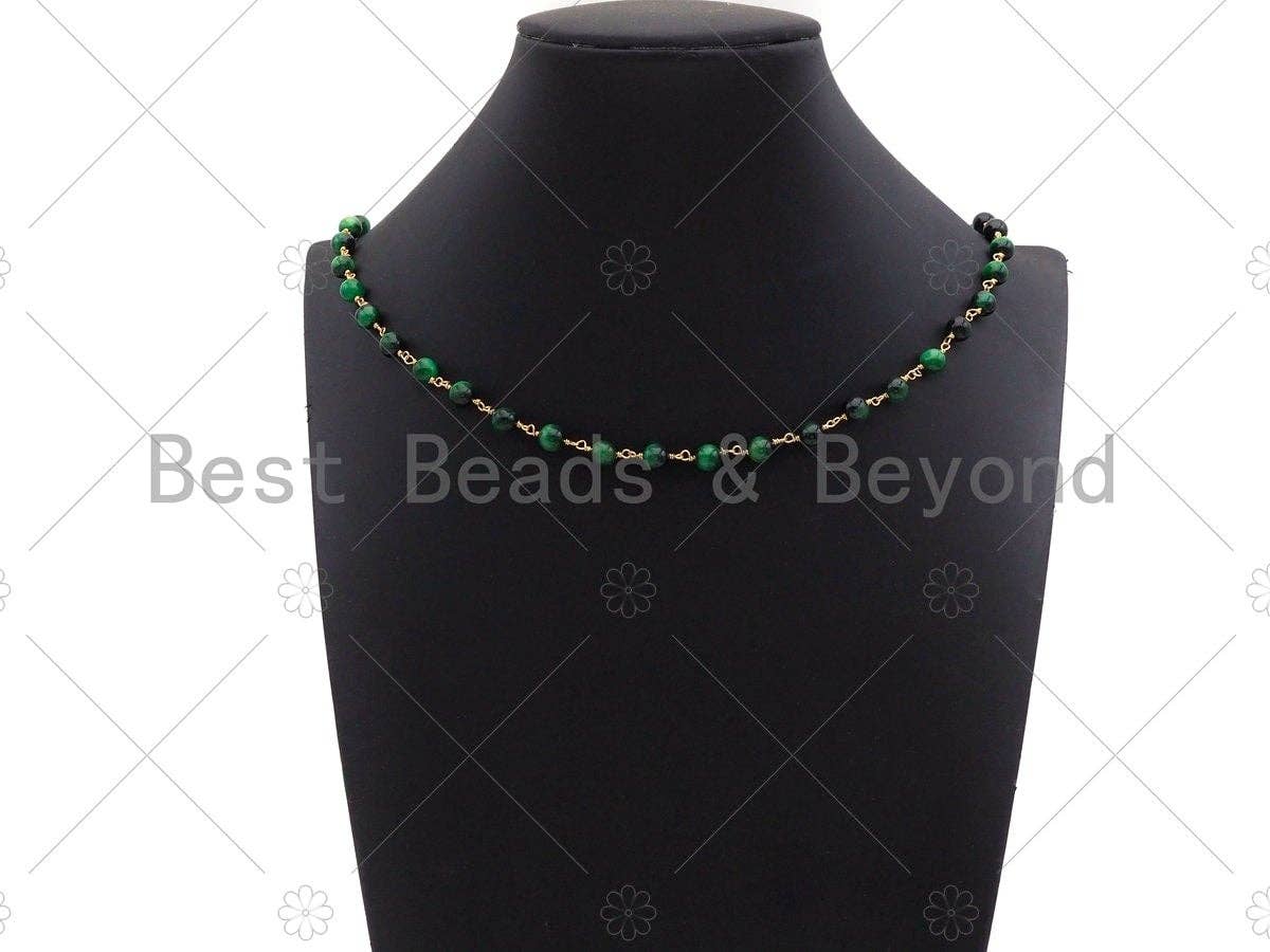 Green/Navy Blue/Teal Blue High Quality Tiger Eye Rosary Chain, 6mm Beaded Chain, Wire Wrapped Gold Chain,Sku#V78