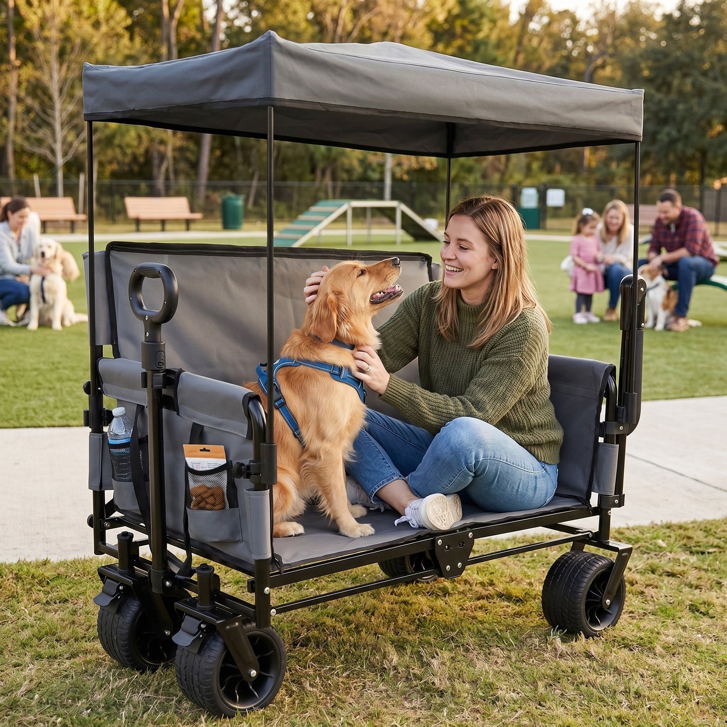 3-in-1 Folding Wagon Cart with Bench Seat & Canopy