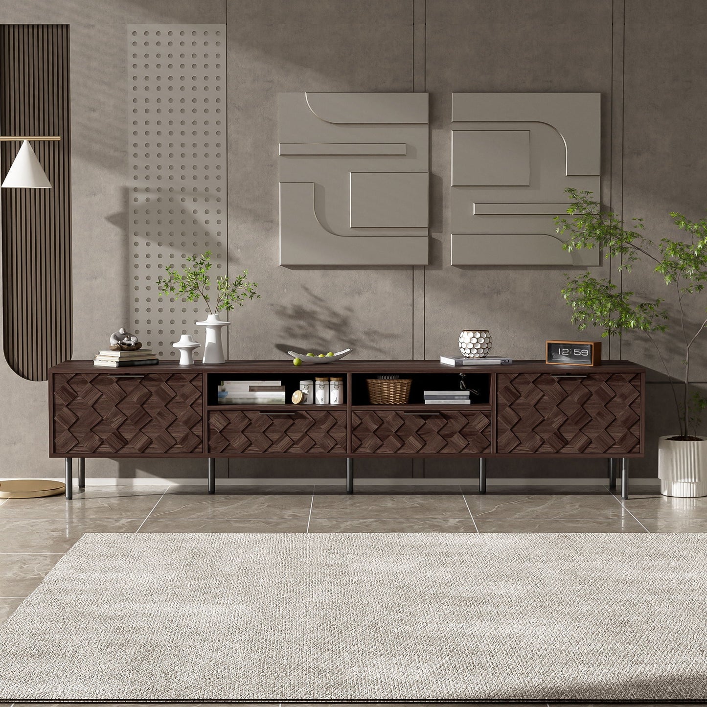 TV Stand For TVs Up To 85" With Closed Storage, Soft Closing Hinges, Living Room Entertainment Center - Walnut