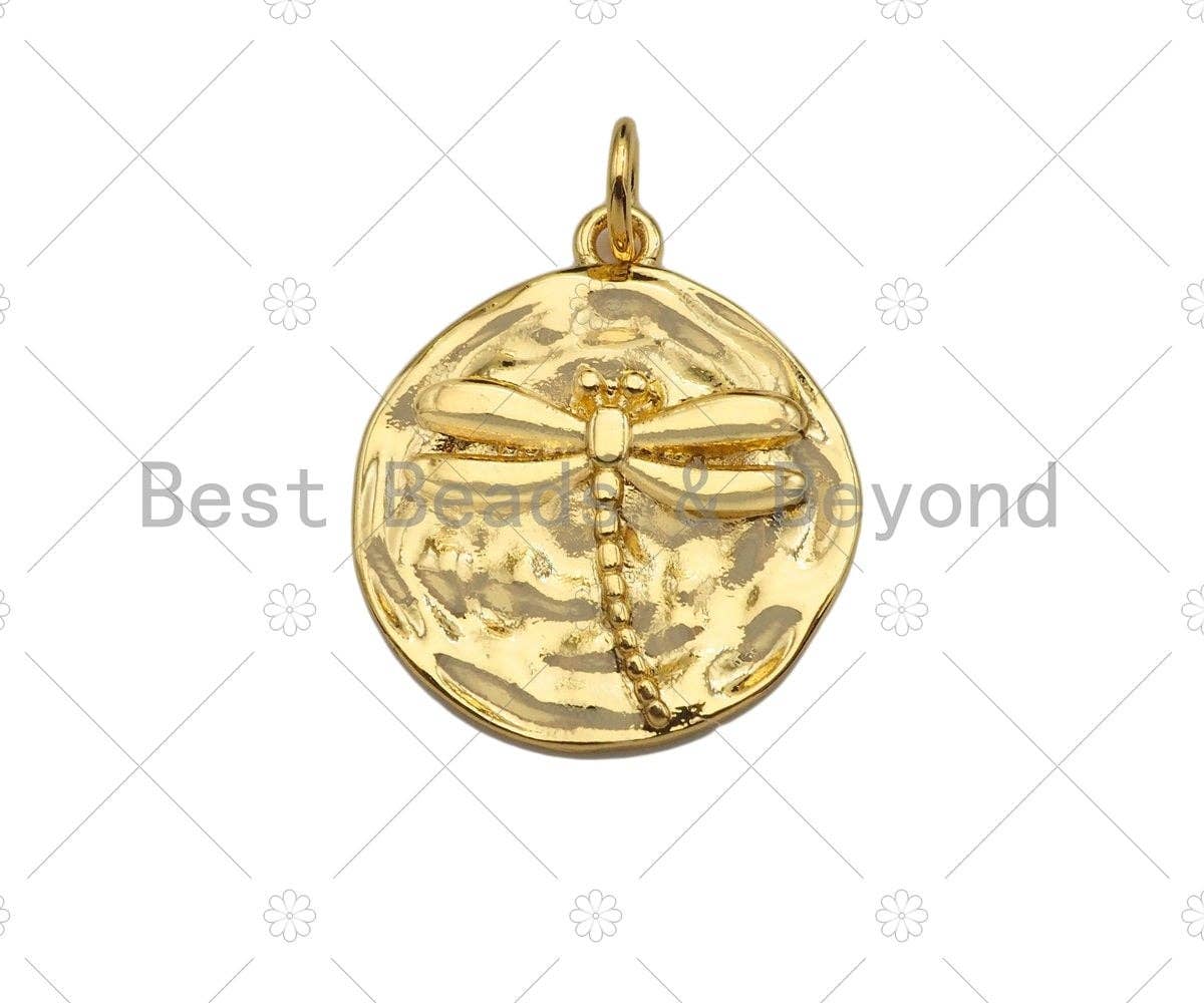 Dainty Dragonfly On Round Coin Shape Pendant/Charm, Gold Dragonfly Medallion Charm, Necklace Bracelet Charm Pendant,18x20mm, Sku#Z1274