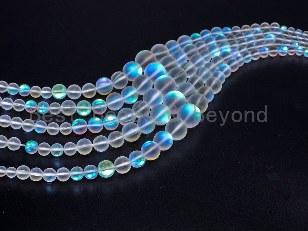 Matte Rainbow Manmade Moonstone Graduated Strand, 6mm-16mm Round Matte White beads, Aura Moonstone Beads ,15.5inch FULL strand, SKU#U79