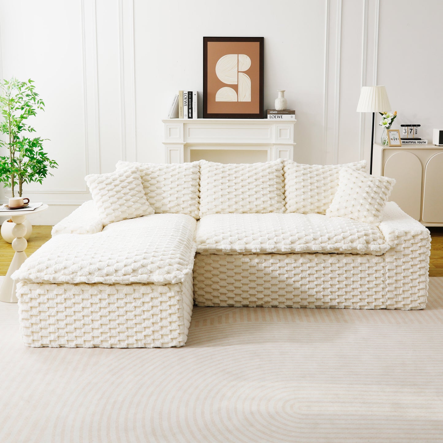 White Turtle Velvet Versatile Sofa: Convertible Twin-Seat with Left Chaise Lounge