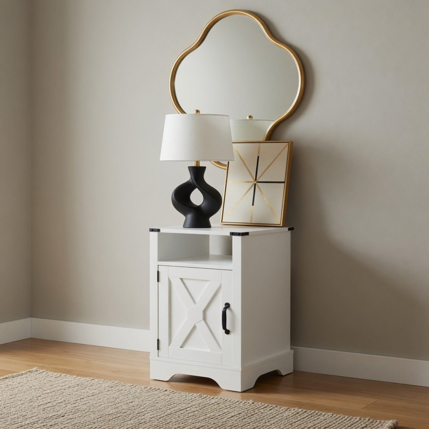 16" White Farmhouse Nightstand with Charging Station