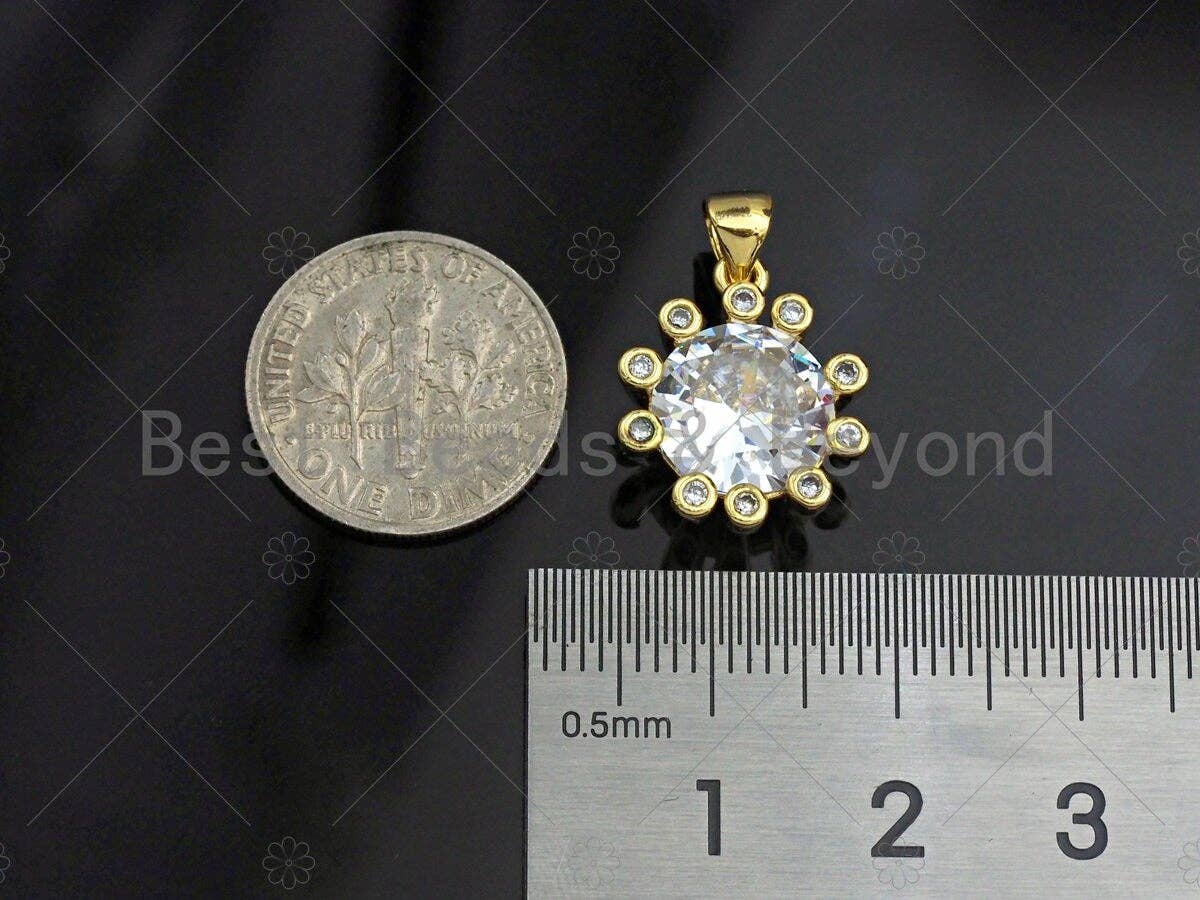 18K Gold Large CZ Flower Shape Pendant, Flower Charm, Flower Pave Pendant, 14x16mm, Sku#LK50
