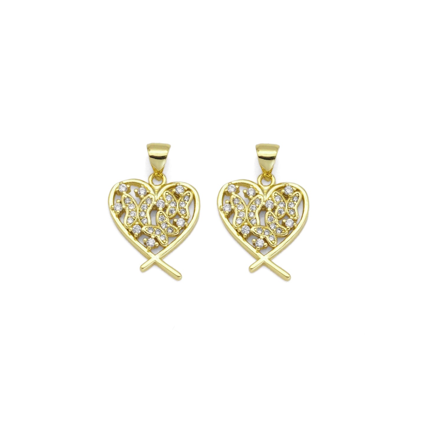 Gold CZ Butterfly On Heart Charm, Sku#LK887
