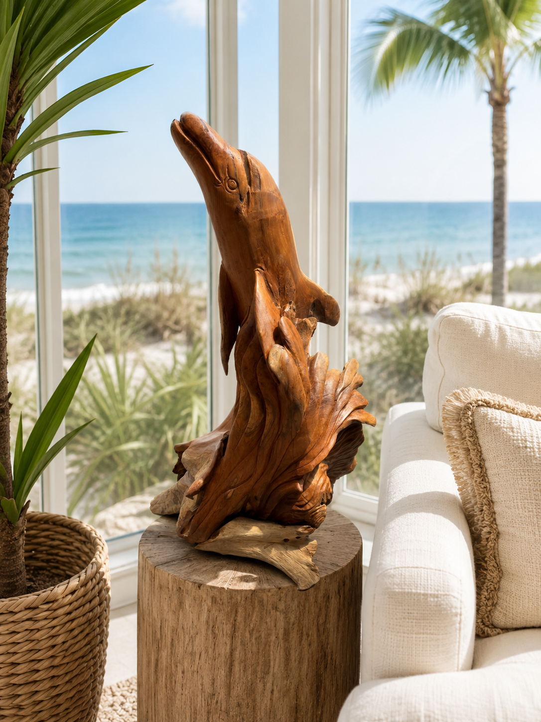 Solid Teak Wood Dolphin Sculpture – Hand Carved in Bali, Indonesia