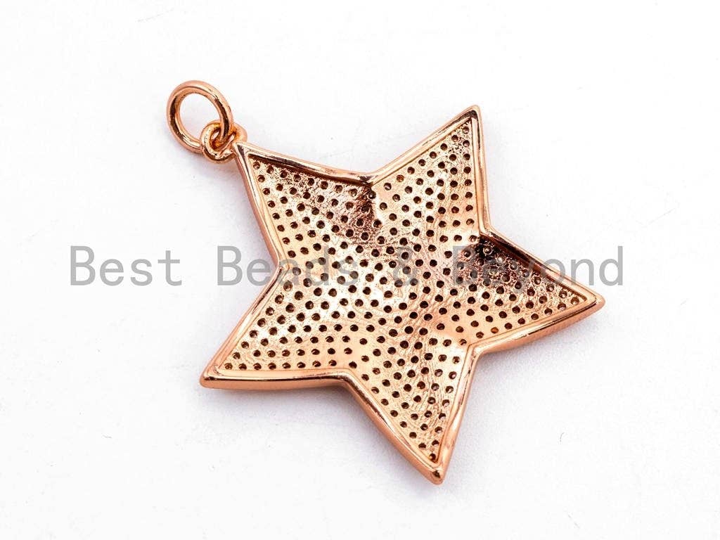CZ Clear/Black Micro Pave Five Point Star Pendant, Star Shaped Pave Pendant, Gold/Rose Gold/Silver/Gunmetal plated, 32x33mm, Sku#F401