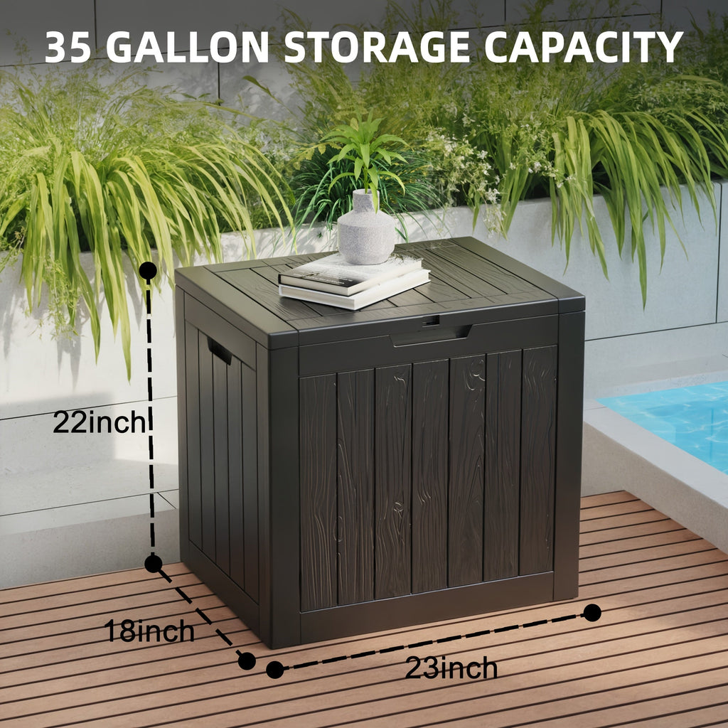Boîte de rangement extérieure en résine de 35 gallons – Noir/Grain de bois