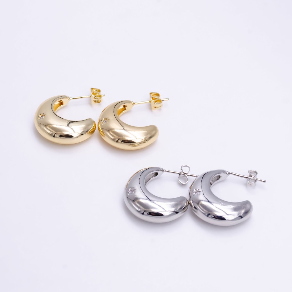 18K Gold Filled C Shape Hoop Earrings | Star Celestial Stud Earrings For women | Lightweight Hoop Earrings | Dainty Gold Hoops | Minimalist Earrings V-074 V-075