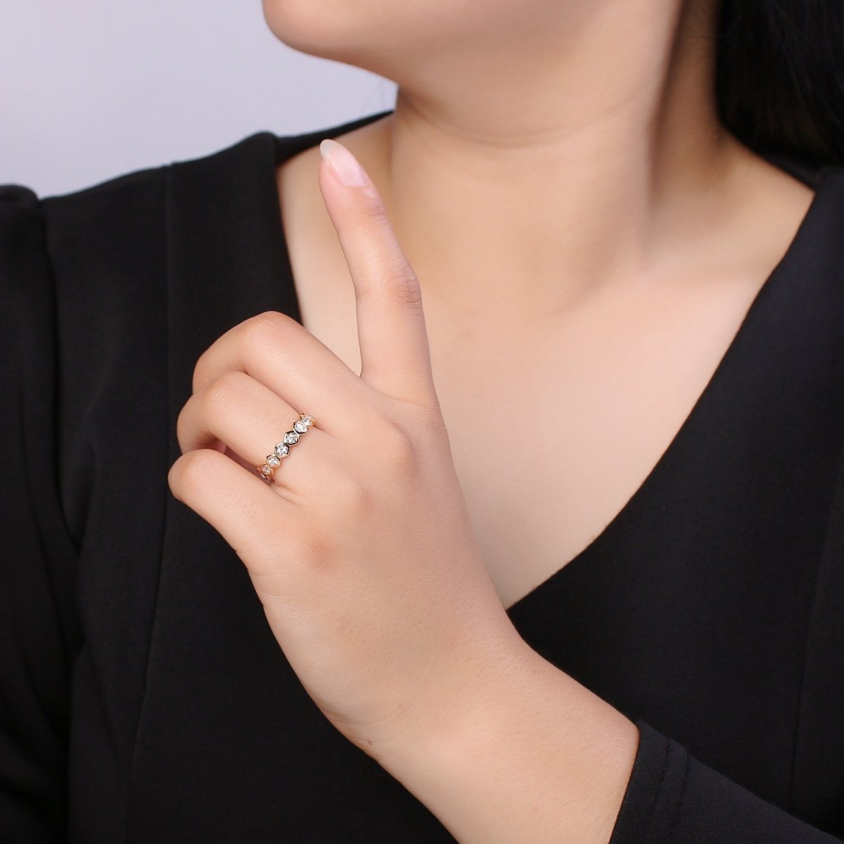 18K Gold Filled CZ Hexagon Band Adjustable Ring O-325