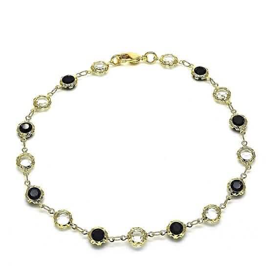 Chaîne de cheville ronde en or 18 carats remplie d'or, polie, avec cristaux noirs et blancs, 10 pouces