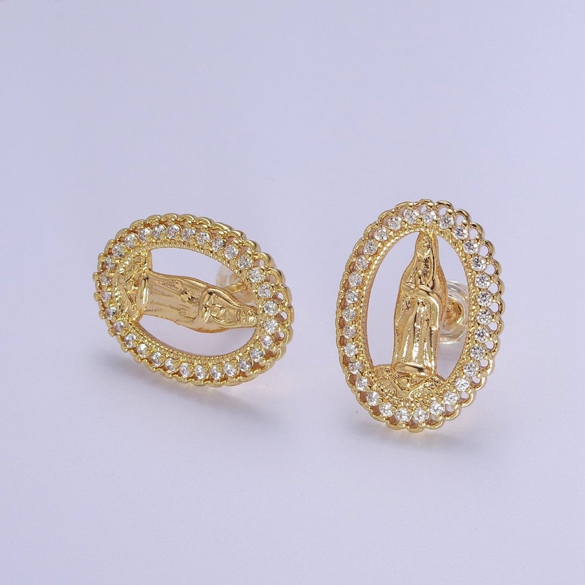 18K Gold Filled Lady Guadalupe Stud Earring with Clear Rainbow Cubic Zirconia V-102 V-103