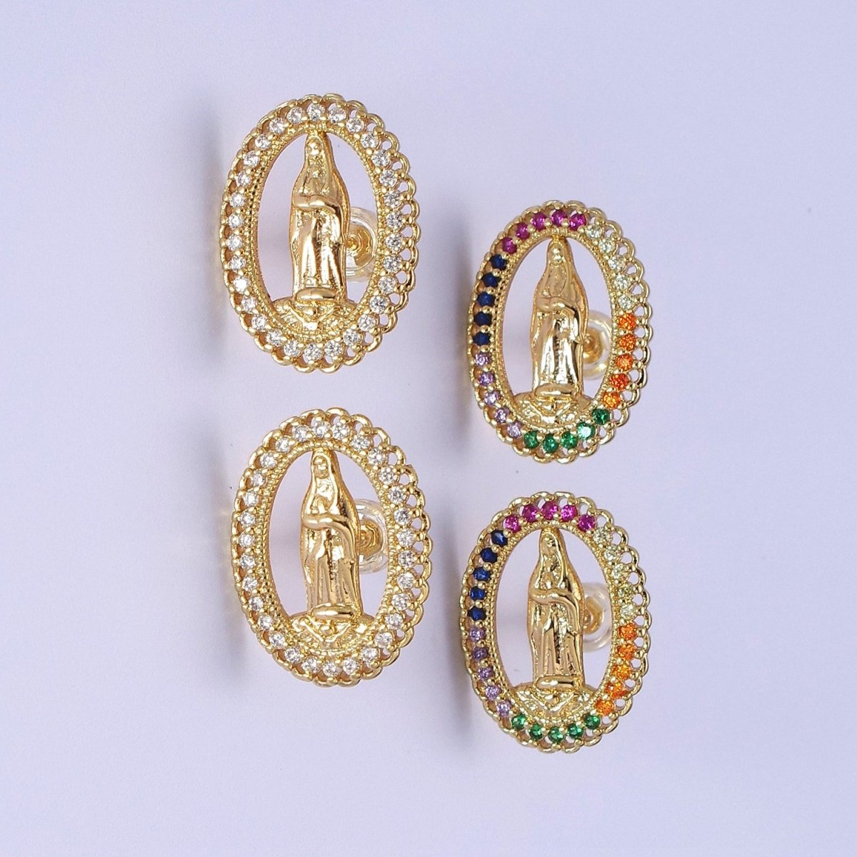 18K Gold Filled Lady Guadalupe Stud Earring with Clear Rainbow Cubic Zirconia V-102 V-103