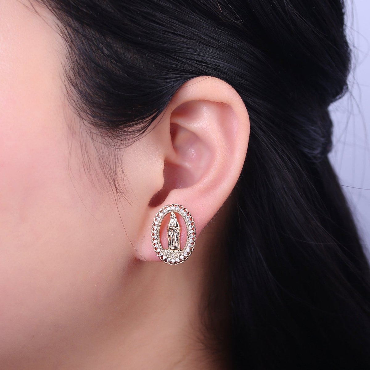 18K Gold Filled Lady Guadalupe Stud Earring with Clear Rainbow Cubic Zirconia V-102 V-103