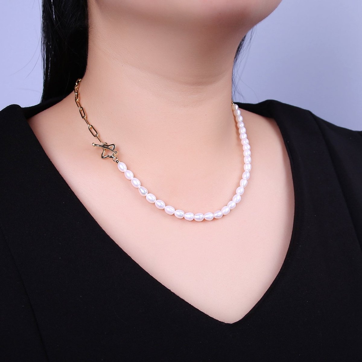 18k Gold Filled Paperclip Chain with Freshwater Pearls Layering Necklace Dainty Paperclip | WA-862 Clearance Pricing