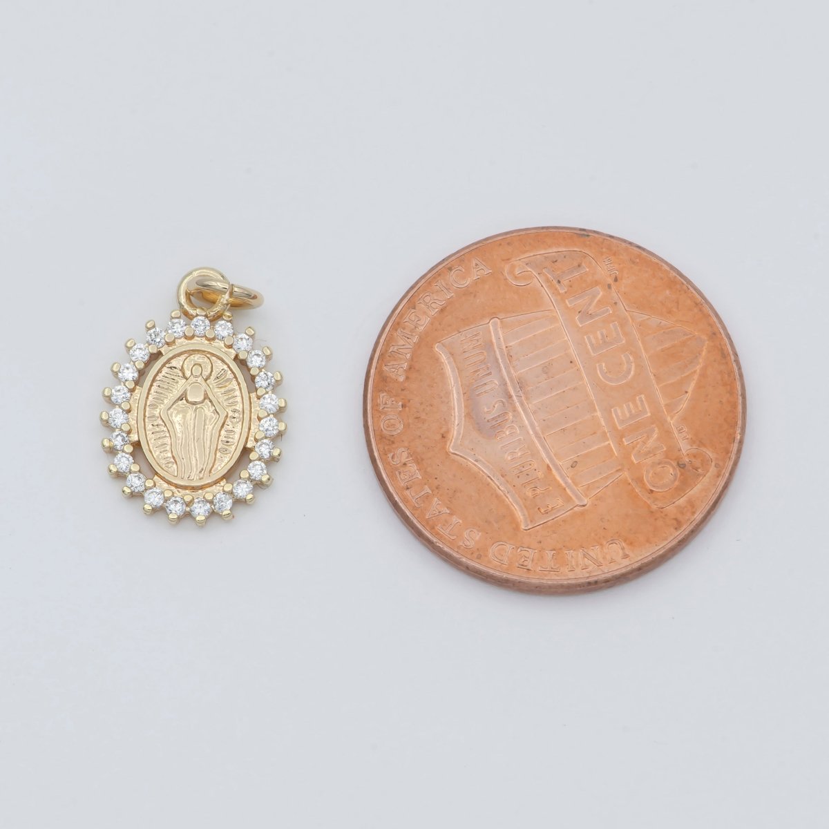 18K Gold Filled Religious Virgin Mary CZ Outline Oval Mini Charm | C005