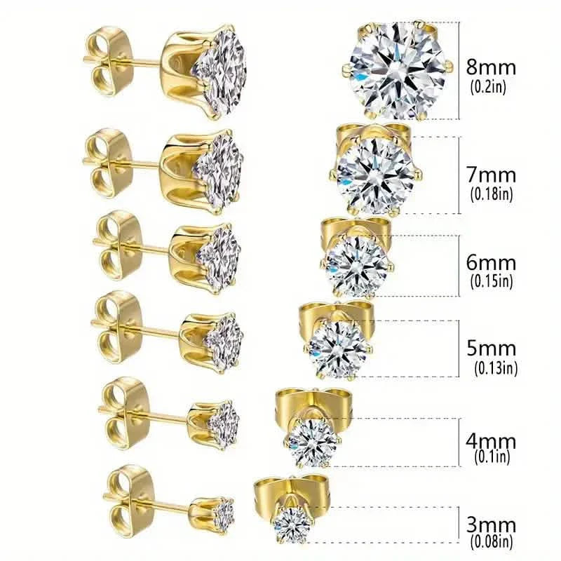 18K Gold Ear Bone Buckle Stainless Steel 6-Prong Zirconia Stud Earrings