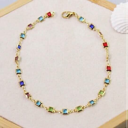 18K Gold Plated Light Multi Color Crystal Square Ankle Bracelet