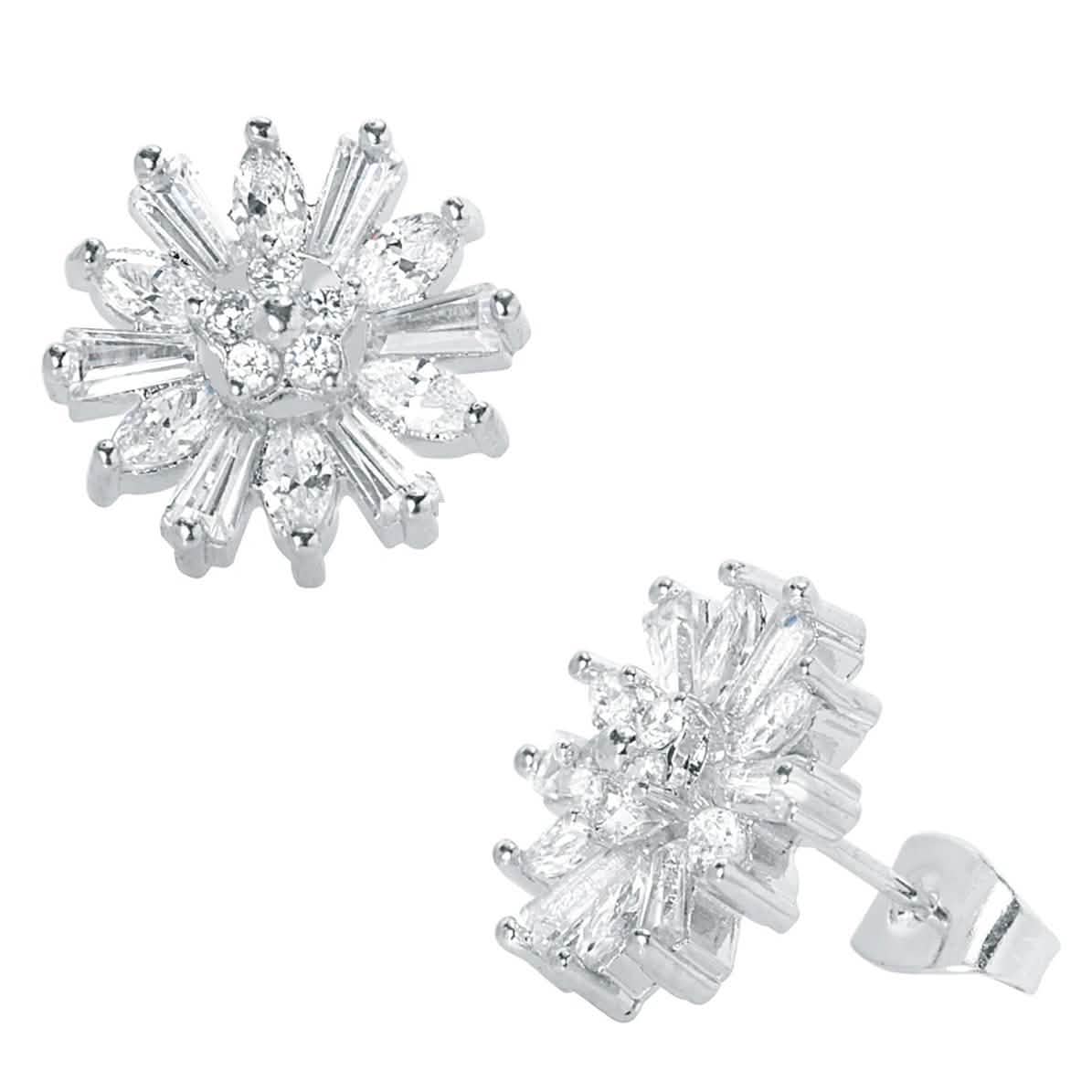 Boucle d'oreille clou fleur baguette plaquée or blanc 18 carats