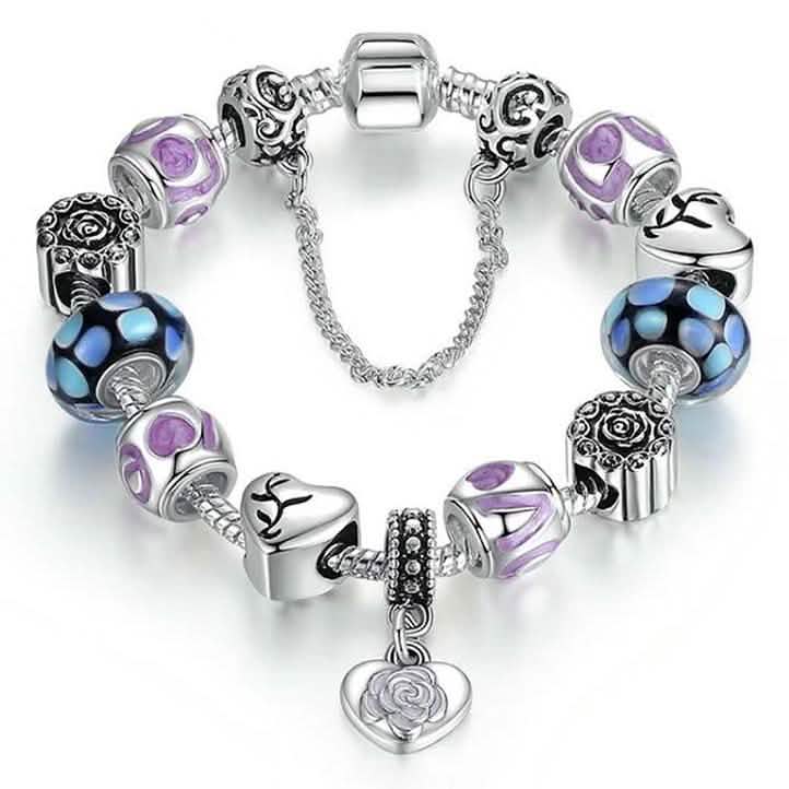 Bracelet en verre de Murano et breloque cœur plaqué or blanc 18 carats