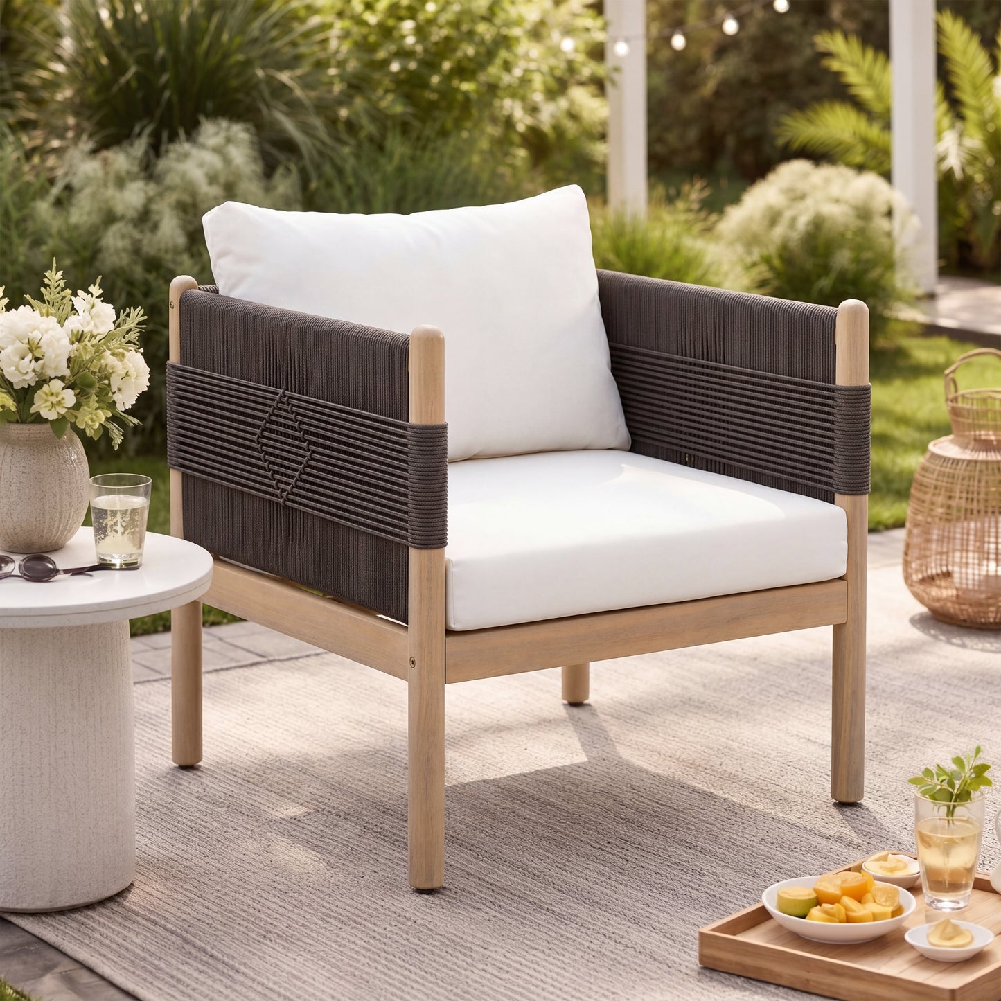 Outdoor Acacia Wood Club Chair with Diamond Rope Weave & Cushions