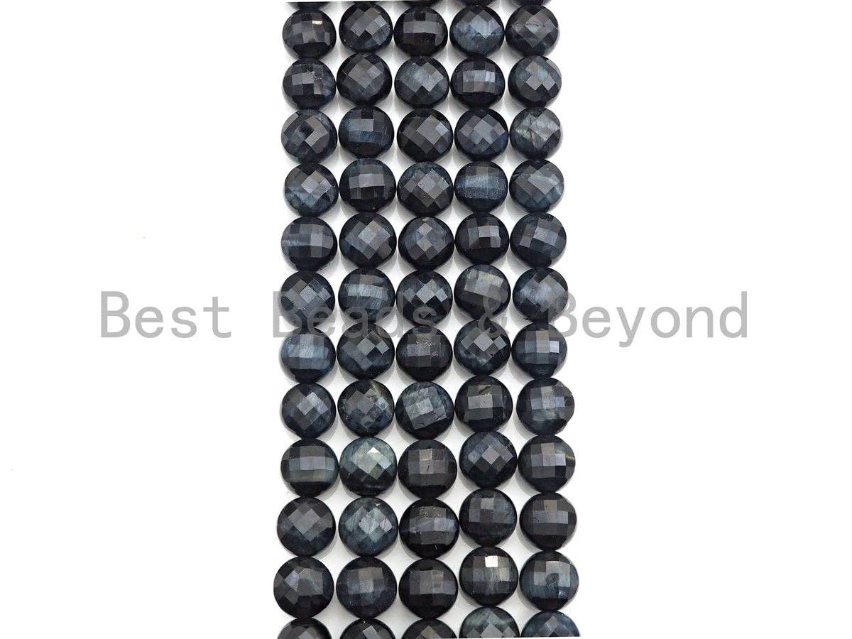 High Quality Natural Double Sided Turtle Shell Cut Blue Tiger Eye Coin Shape beads,10mm Checkerboard Cut Beads, 15.5" Full strand, Sku#UA86