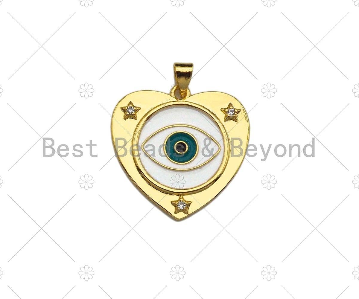 CZ Micro Pave Enamel Evil Eye On Heart Shape Pendant/Charm,Cubic Zirconia Star Charm, Necklace Bracelet Charm Pendant,25x25mm, Sku#LK217
