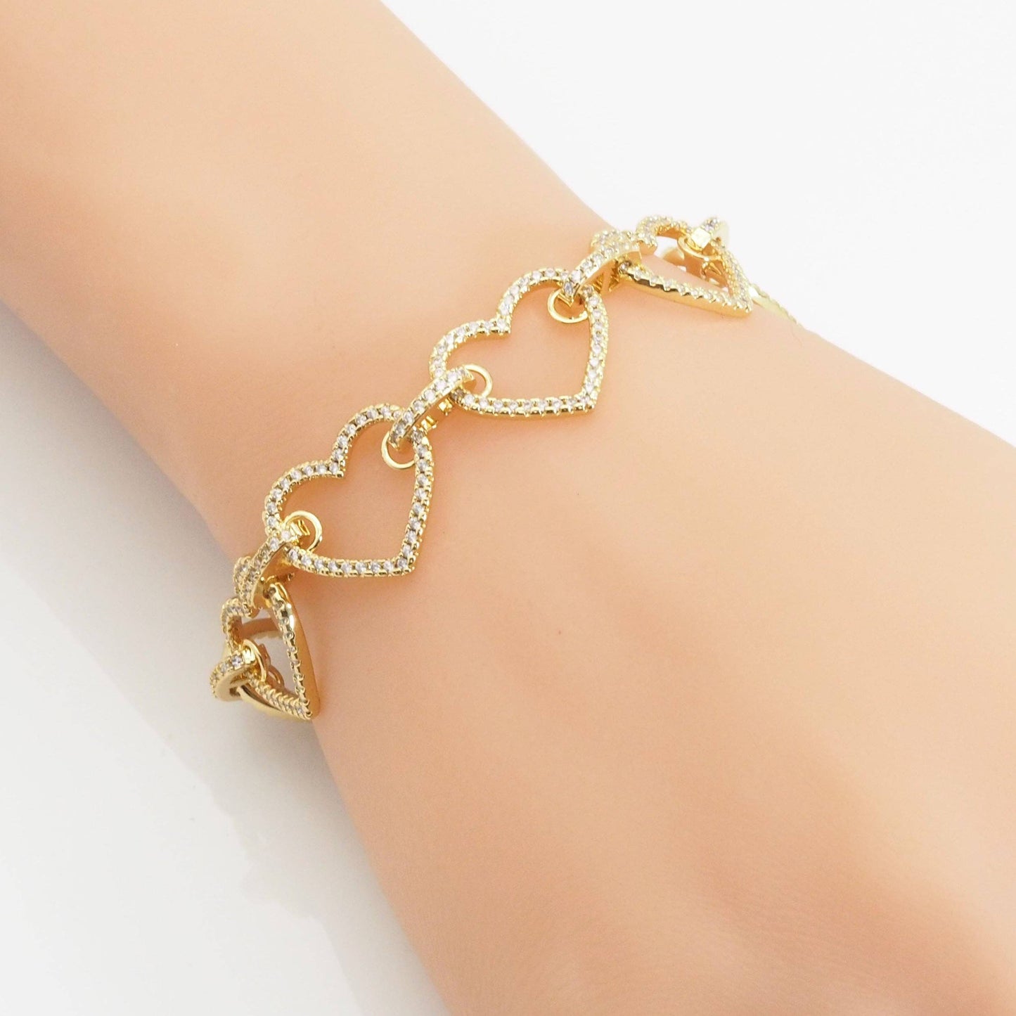 Clear CZ Gold Heart Link Chain Adjustable Necklace,sku#LX237