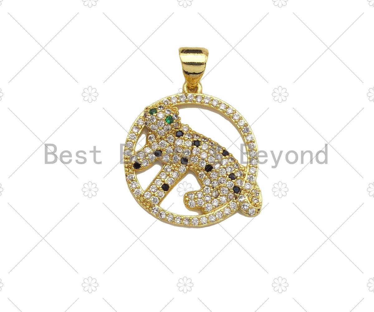CZ Micro Pave Gold Leopard On Round Ring Shape Pendant, Jaguar Animal Charm, Panther Pave Pendant, Gold plated,18mm, Sku#LK82