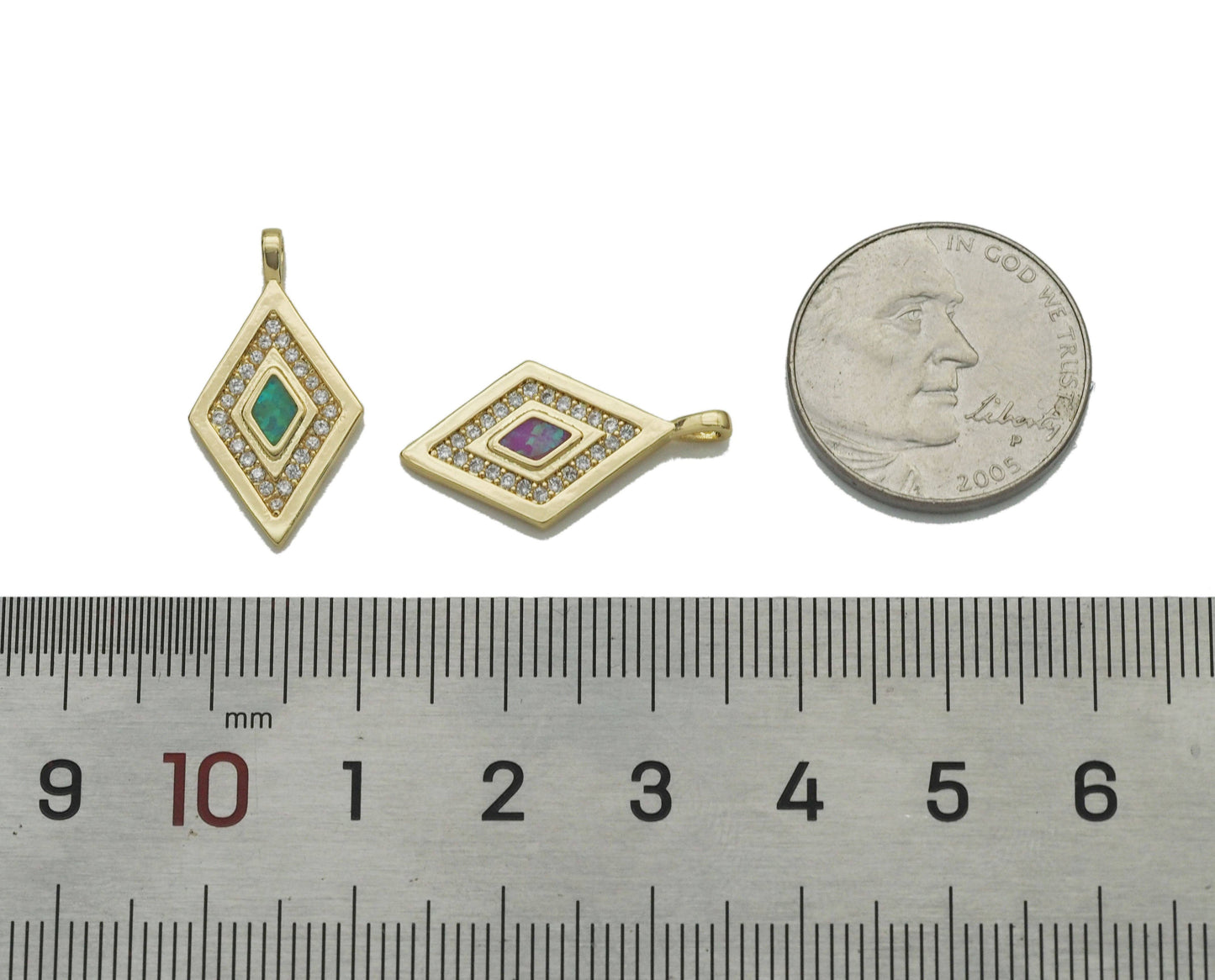 CZ Pave Gold Colorful Opal Rhombus Shape Charm, Sku#F1512