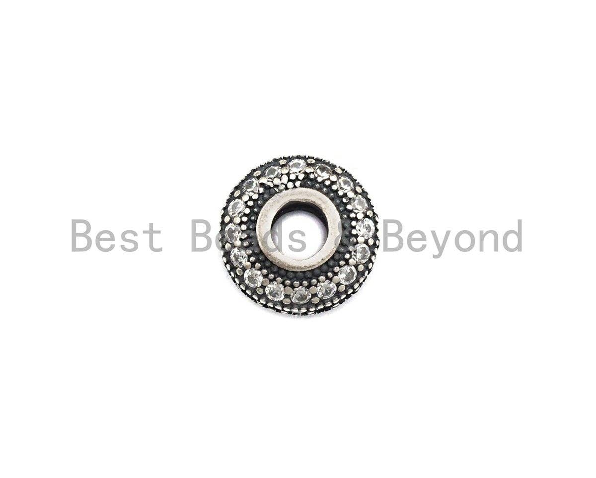 CZ Donut Shaped Micro Pave Space Beads in Antique Silver, Cubic Zirconia Space Beads, Rhidium Rondelle Big hole Beads, 10x5mm, sku#X124
