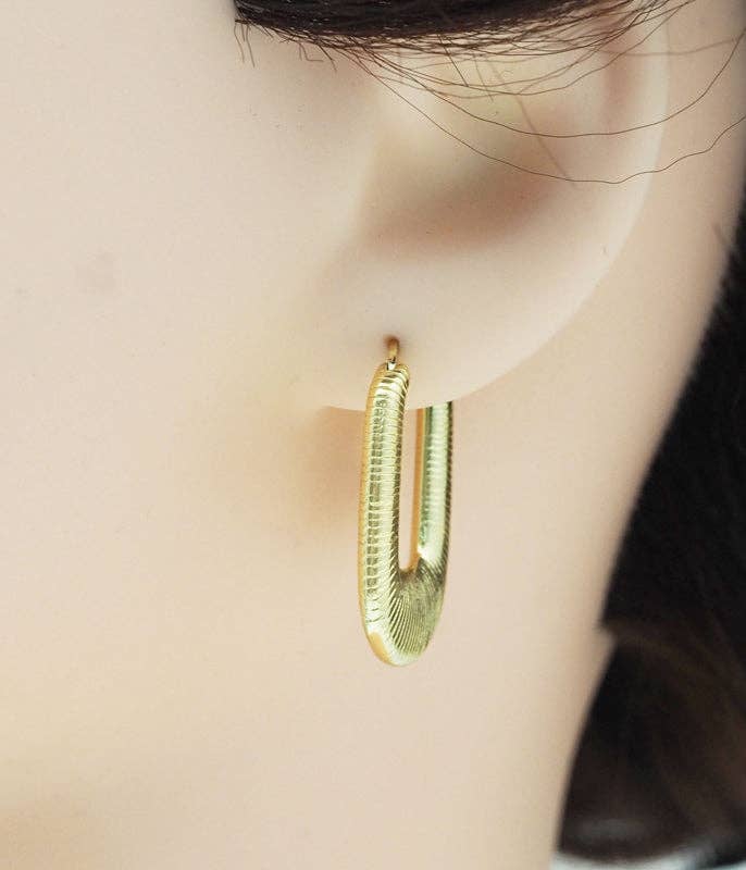 Gold U Shape Oval Statement Earrings, Sku#J362