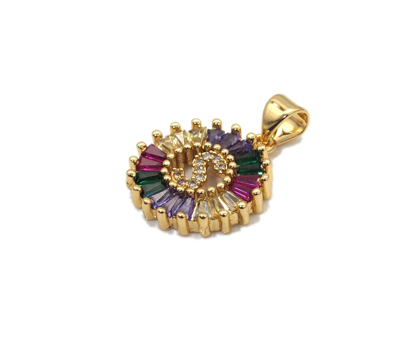 Colorful Baguette CZ initial Letters Round Charm, Sku#JL174