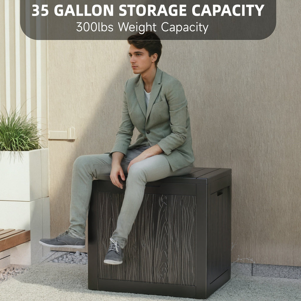 Boîte de rangement extérieure en résine de 35 gallons – Noir/Grain de bois