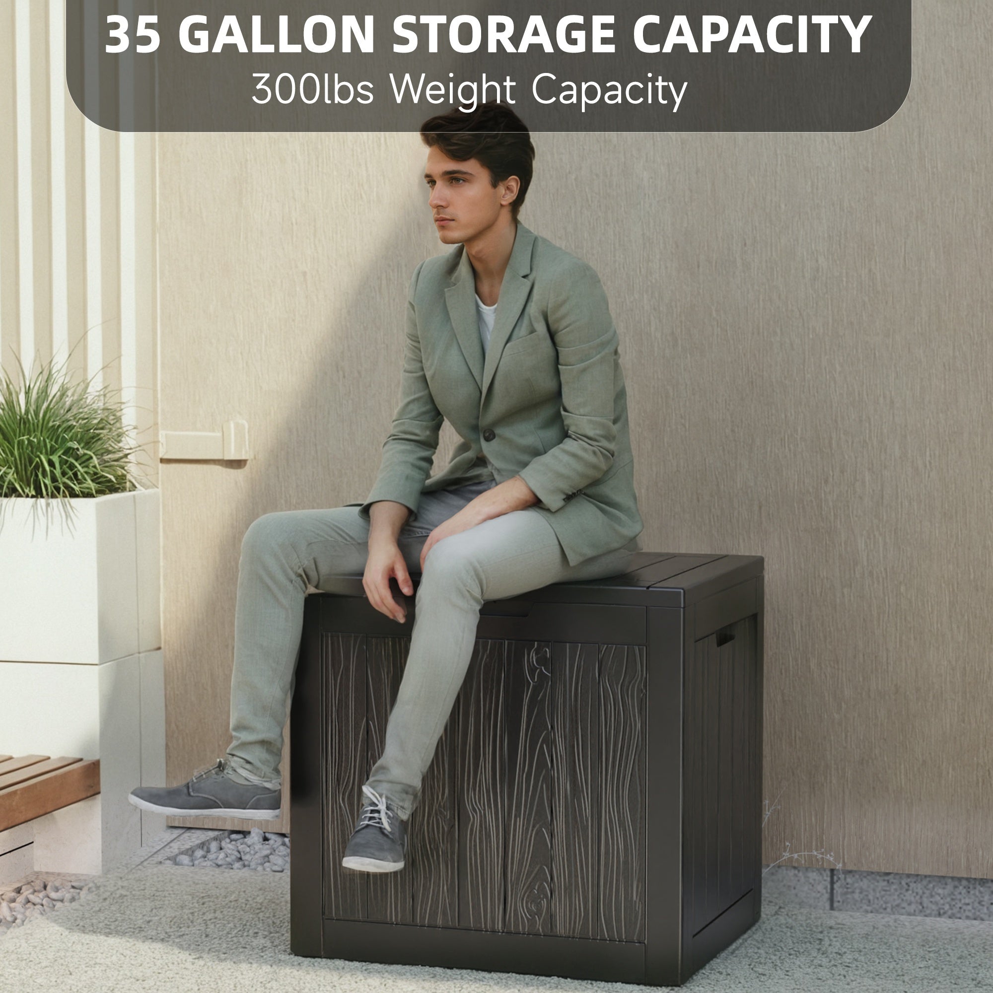 Boîte de rangement extérieure en résine de 35 gallons – Noir/Grain de bois