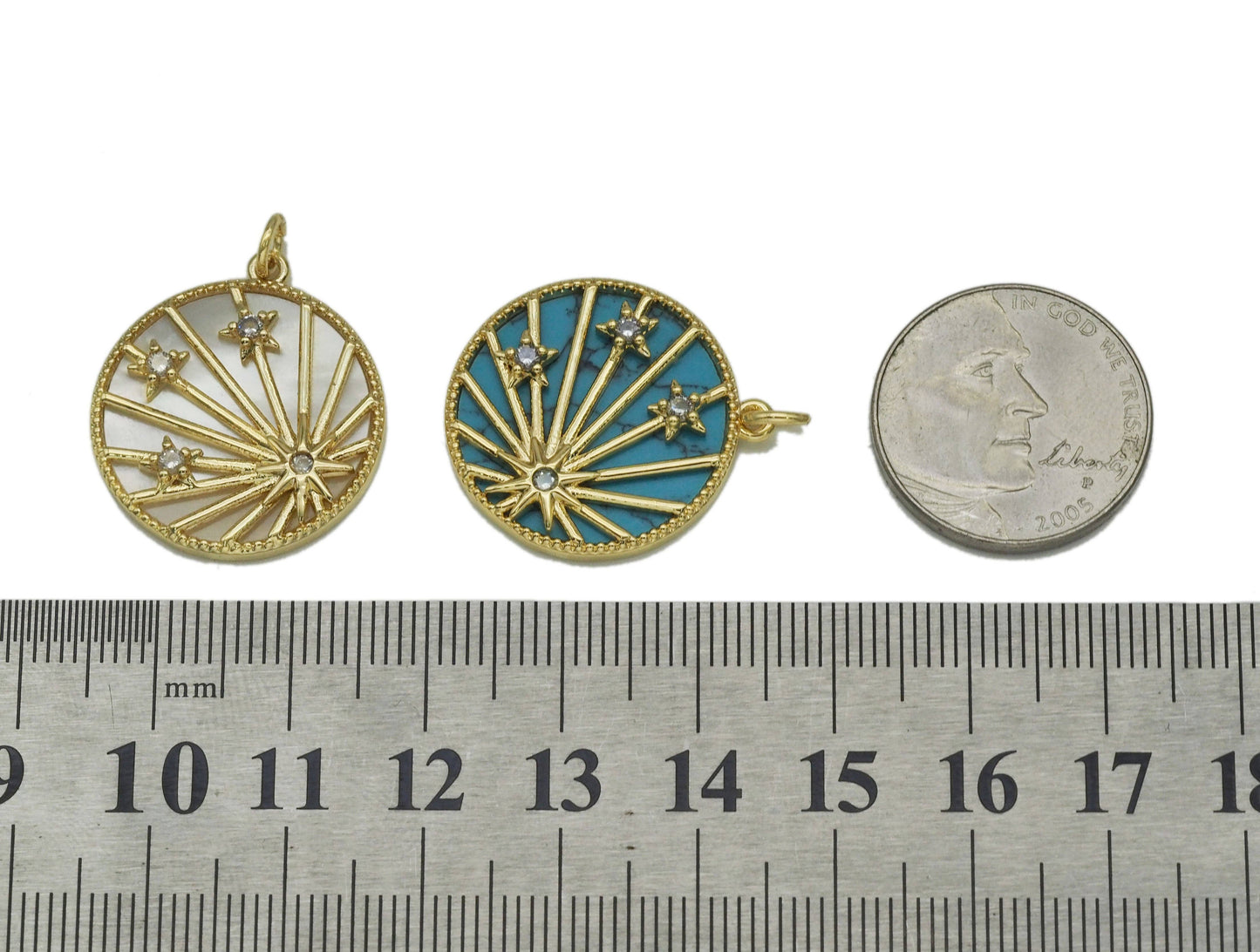 CZ Celebration Star Mop Turquoise Coin Charm, Sku#F1507